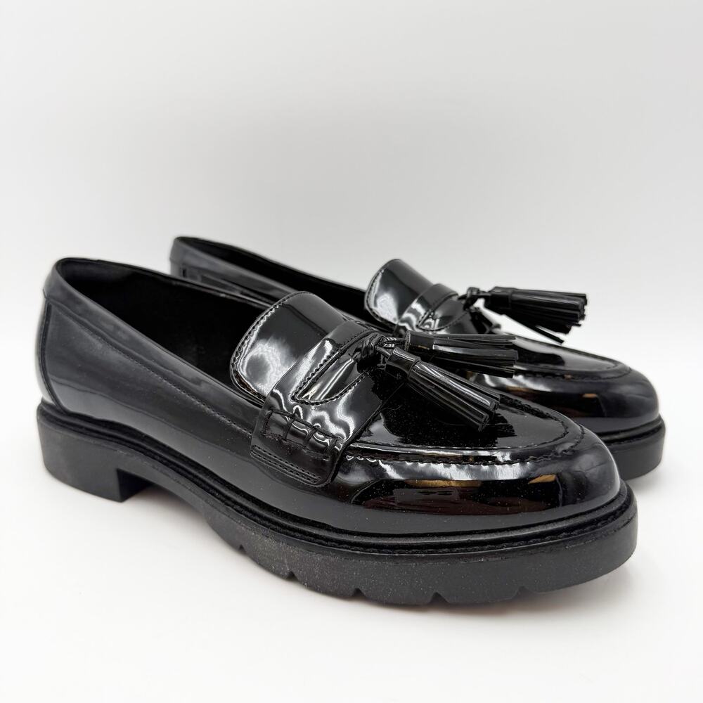 Rockport Womens Kiara Loafers Size 7.5 M Black Vegan Patent Tassel EUC